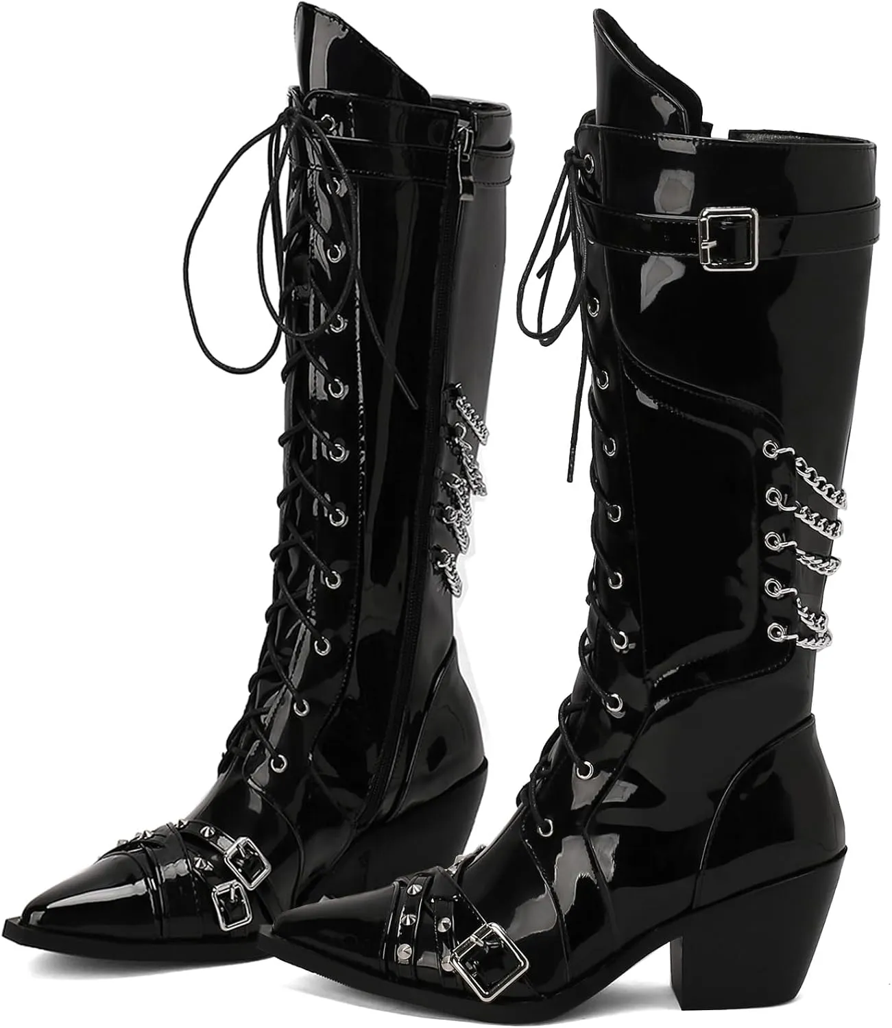 Women Goth Cowboy boots Gothic Steam Punk Boots Knee High Buckles Rrivets Witch Boots Pirate Vintage Block Rave Western Boots