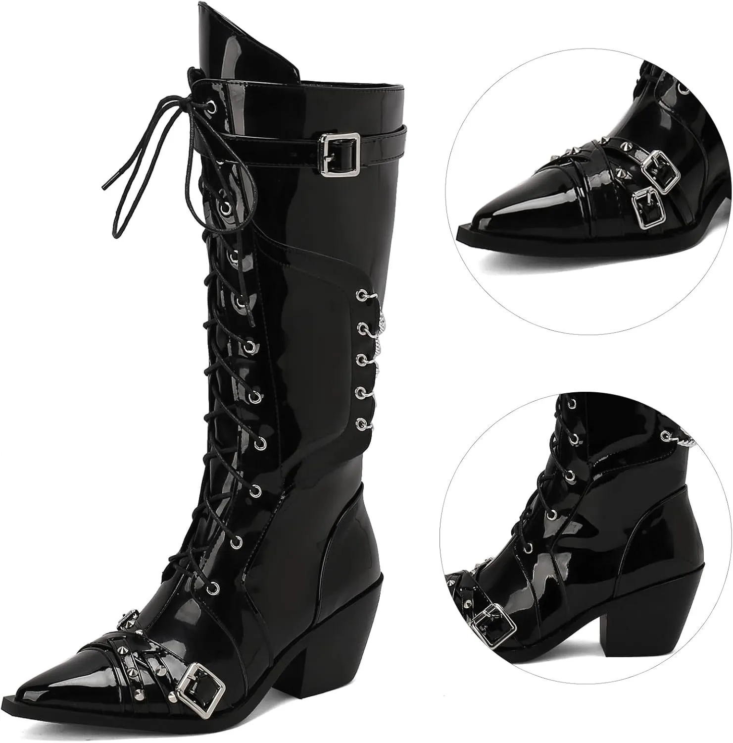Women Goth Cowboy boots Gothic Steam Punk Boots Knee High Buckles Rrivets Witch Boots Pirate Vintage Block Rave Western Boots