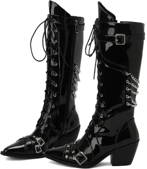 Women Goth Cowboy boots Gothic Steam Punk Boots Knee High Buckles Rrivets Witch Boots Pirate Vintage Block Rave Western Boots