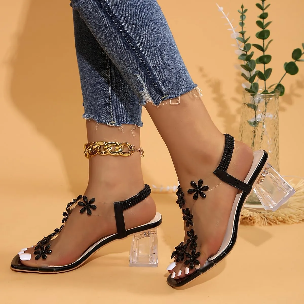 Women Heels Sandals Square Open Toe Block Heel Sandals Summer Fashion Elastic Ankle Strap Casual Open Toe High Heels Crystal Floral Elegant Pumps Dress Shoes