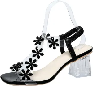 Women Heels Sandals Square Open Toe Block Heel Sandals Summer Fashion Elastic Ankle Strap Casual Open Toe High Heels Crystal Floral Elegant Pumps Dress Shoes
