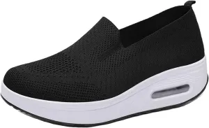 Women Orthopedic Air Cushion Walking Shoes Slip-On Platform Mesh Stretch Wedge Sneakers for Arch Support Light Toning Rocker Shoe