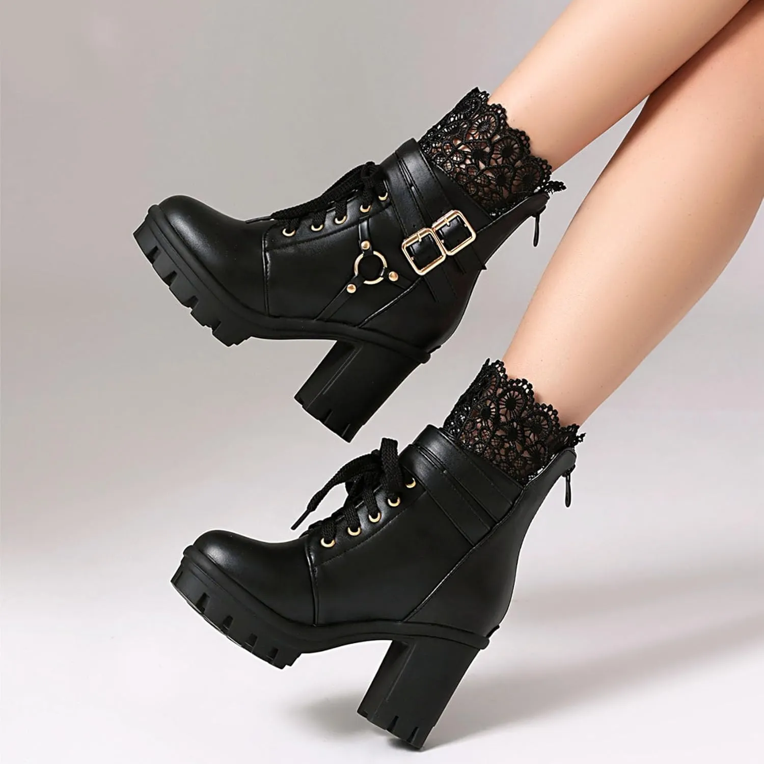 Women Platform Boots Cute Kawaii Lolita Boots Lace Bow Chunky High Heels Gothic Buckled Platform Ankle Booties Zipper Punk Cosplay Shoes