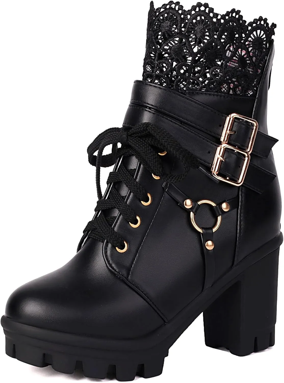 Women Platform Boots Cute Kawaii Lolita Boots Lace Bow Chunky High Heels Gothic Buckled Platform Ankle Booties Zipper Punk Cosplay Shoes
