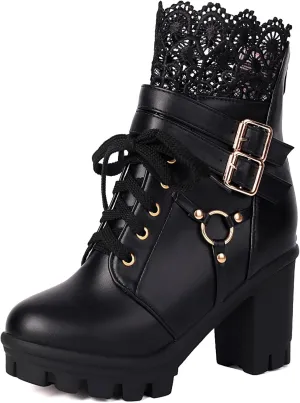 Women Platform Boots Cute Kawaii Lolita Boots Lace Bow Chunky High Heels Gothic Buckled Platform Ankle Booties Zipper Punk Cosplay Shoes