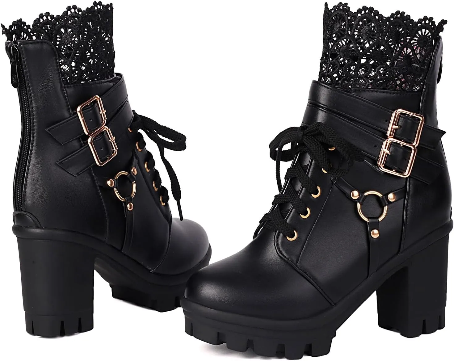 Women Platform Boots Cute Kawaii Lolita Boots Lace Bow Chunky High Heels Gothic Buckled Platform Ankle Booties Zipper Punk Cosplay Shoes