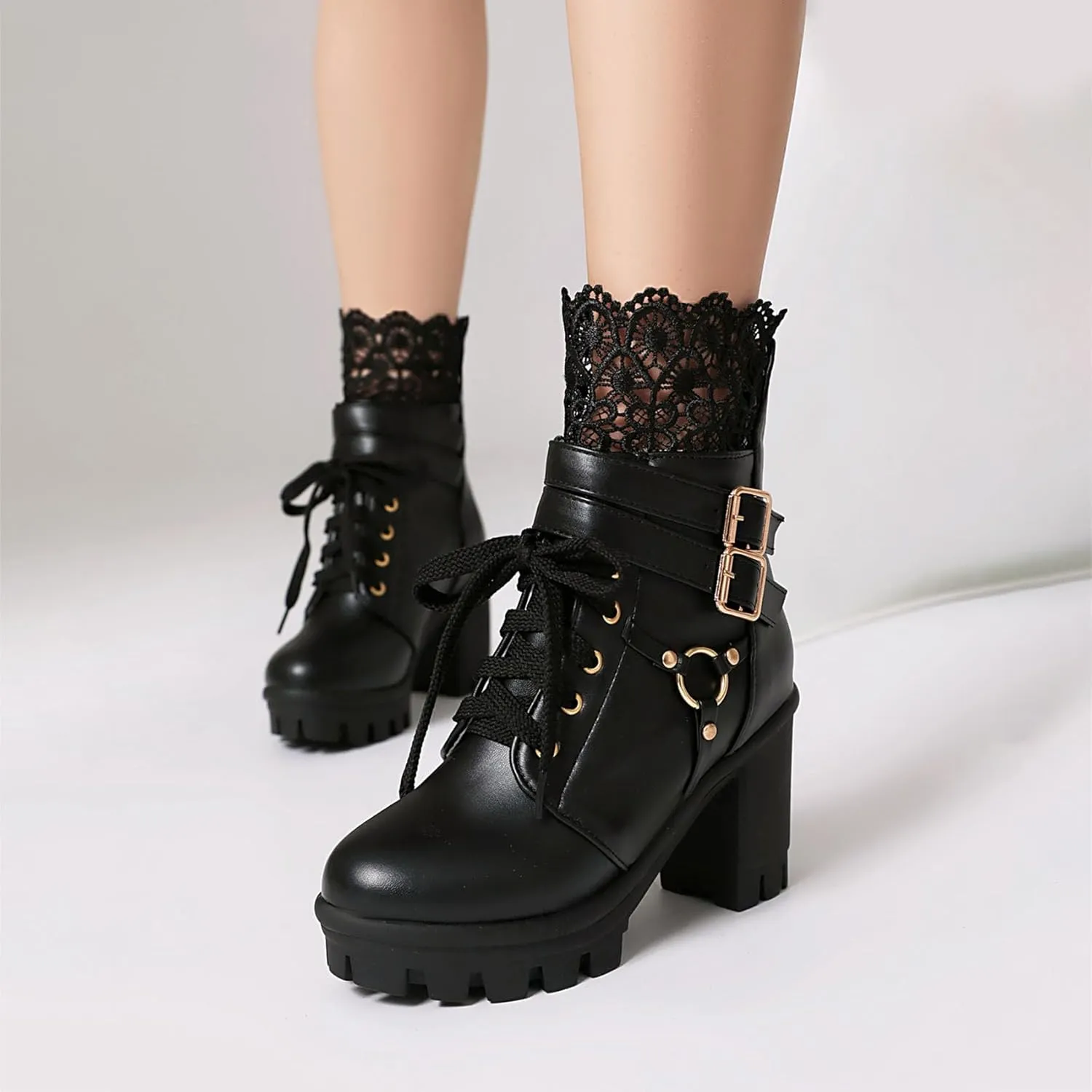 Women Platform Boots Cute Kawaii Lolita Boots Lace Bow Chunky High Heels Gothic Buckled Platform Ankle Booties Zipper Punk Cosplay Shoes