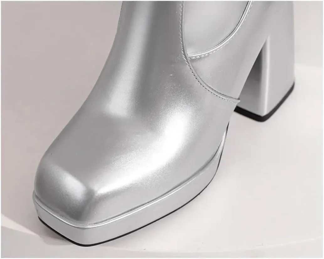 Women Platform Knee High Boots Red Patent Leather Block Heel Ladies Square Toe Zipper Long Boots