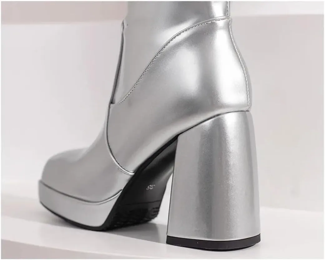 Women Platform Knee High Boots Red Patent Leather Block Heel Ladies Square Toe Zipper Long Boots