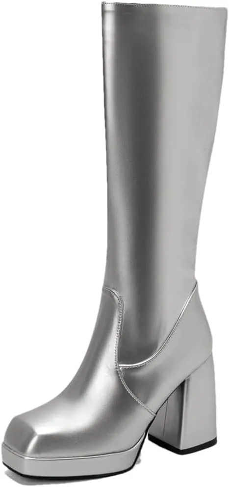 Women Platform Knee High Boots Red Patent Leather Block Heel Ladies Square Toe Zipper Long Boots