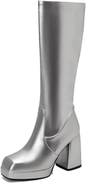 Women Platform Knee High Boots Red Patent Leather Block Heel Ladies Square Toe Zipper Long Boots