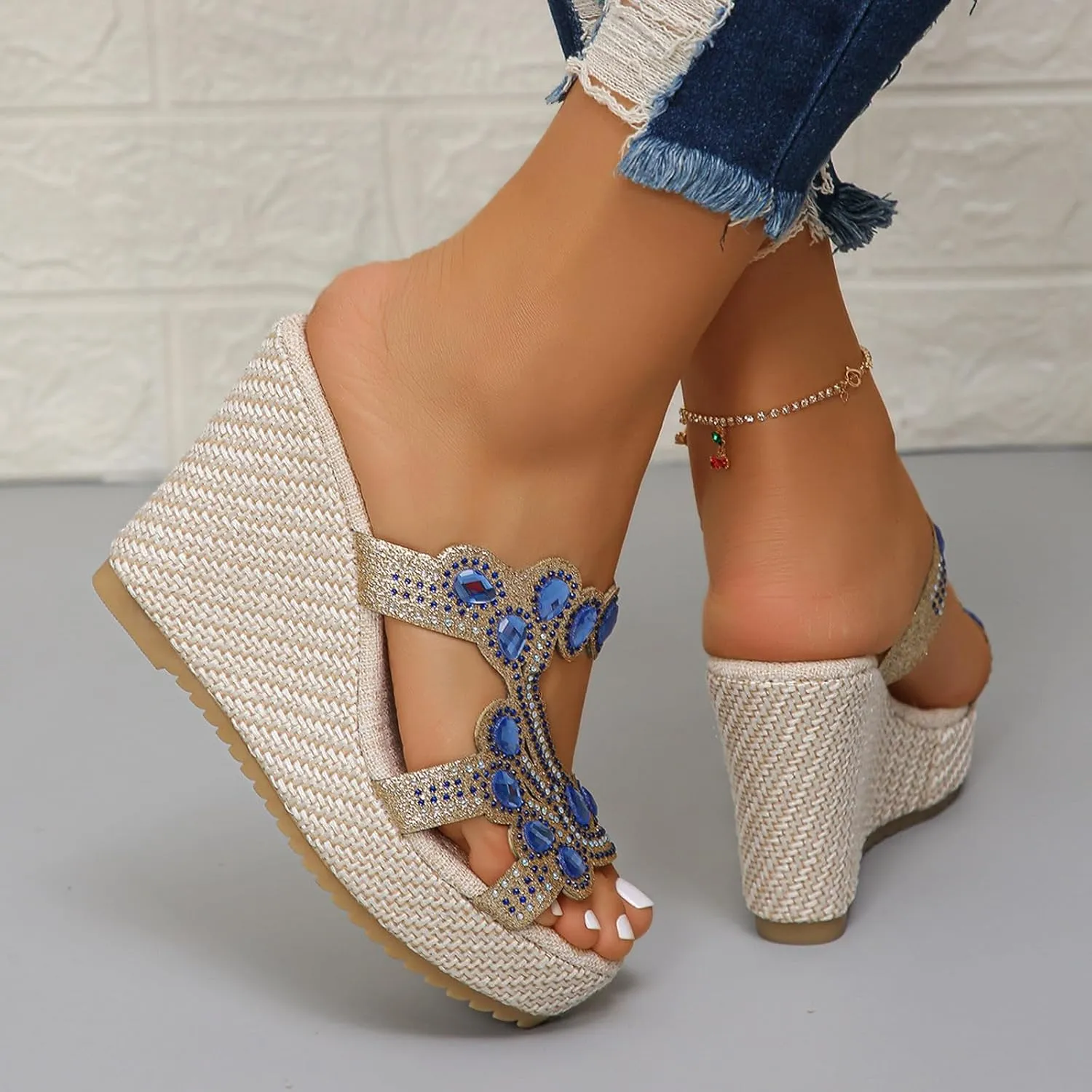 Women Rhinestone Wedge Sandals Summer Bohemian Open Toe High Platform Slides Slip on Beach Sandals Casual Dress Shoes