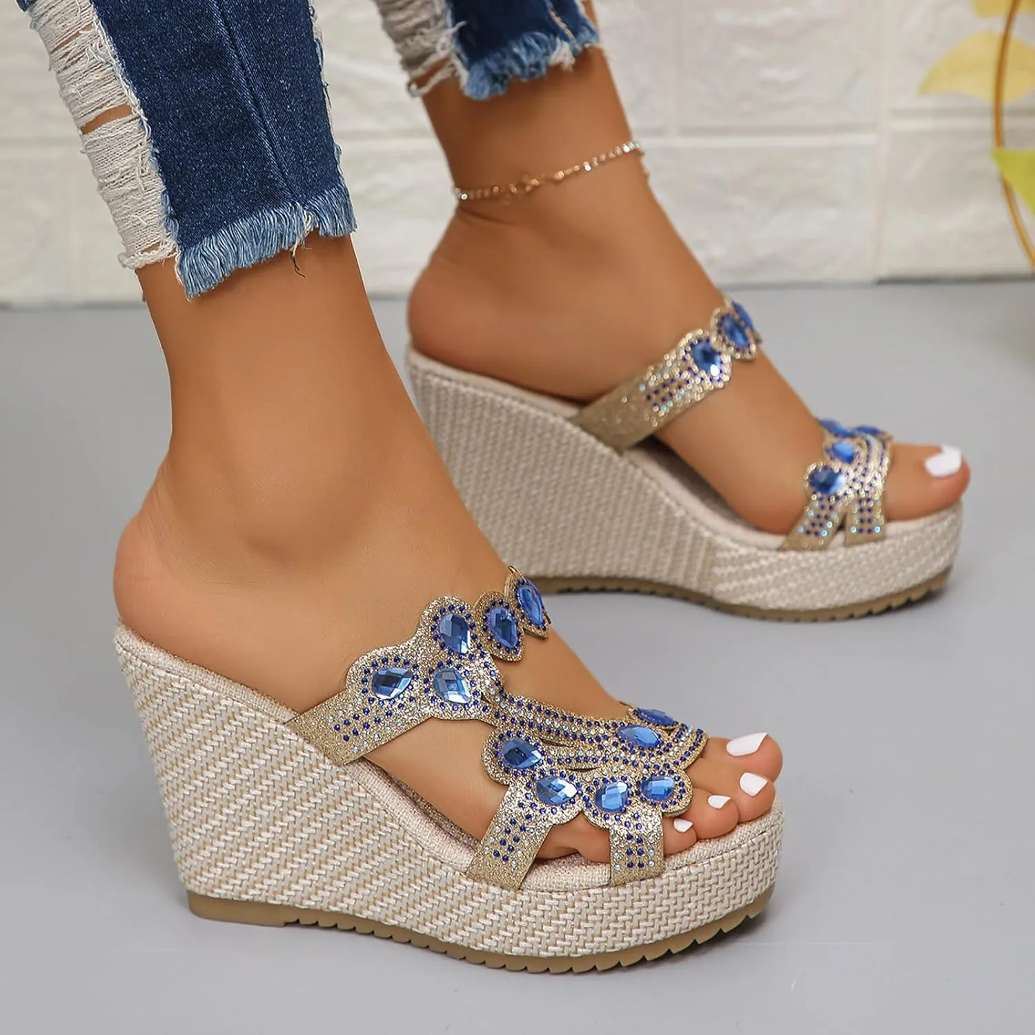 Women Rhinestone Wedge Sandals Summer Bohemian Open Toe High Platform Slides Slip on Beach Sandals Casual Dress Shoes