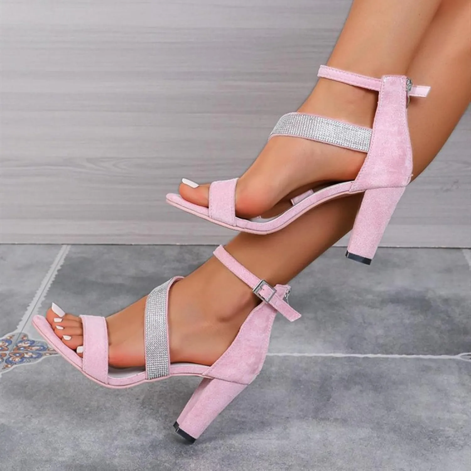 Women Rhinestones Open Toe Chunky Heel Prom Sandals Ankle Strappy Glitter High Heels Wedding Party Office Sparkly Pumps Shoes