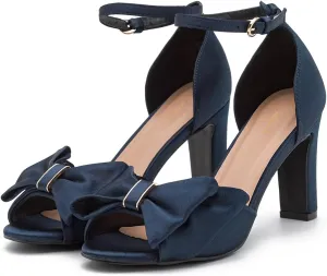 Women Satin Heeled Sandals with Bows Open Round Toe 3 Inch Chunky Block High Heels Dress Sandals Buckled Ankle Strap Peep Toe Vintage Dressy Bridal Wedding Party Office Summer Shoe 4-11 M US