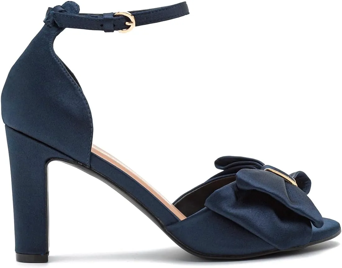 Women Satin Heeled Sandals with Bows Open Round Toe 3 Inch Chunky Block High Heels Dress Sandals Buckled Ankle Strap Peep Toe Vintage Dressy Bridal Wedding Party Office Summer Shoe 4-11 M US