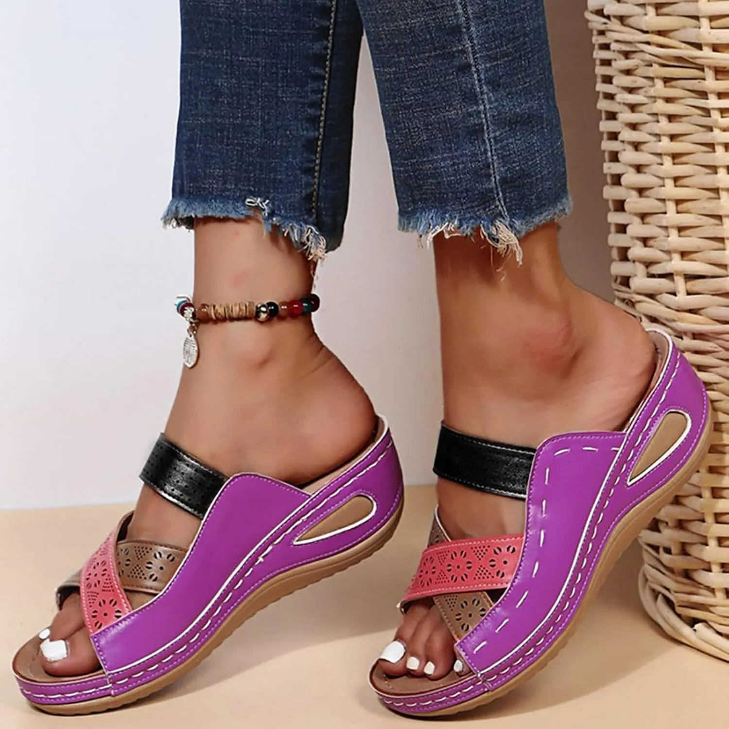 Women Shoes Comfortable Soft Sole Wedge Sandals Fashionable Outdoor Open Toe Bohemian Wide Sandals for Womens Heel