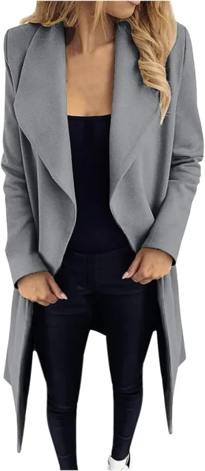 Women Trench Coat 2023 Solid Color Open Front Lapel Outerwear Coat Slim Fit Casual Jacket Fashion Winter Cardigan Tops