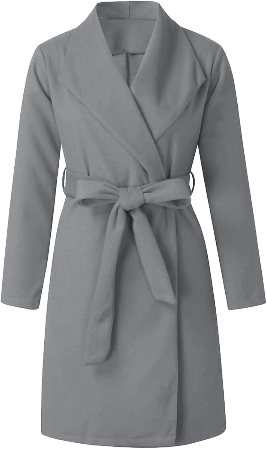 Women Trench Coat 2023 Solid Color Open Front Lapel Outerwear Coat Slim Fit Casual Jacket Fashion Winter Cardigan Tops