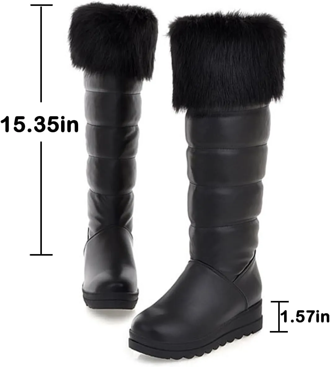 Women Winter Warm Fur Lined Knee High Down Snow Boots Outdoor Waterproof Rain Pull-On Cold-Resistant Comfy Platform Walking Snow Boot