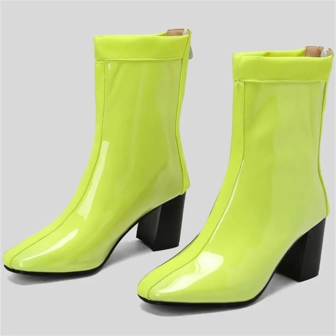 Women's Ankle Boots Block Heels Rain Boot Patent Pink Party Shoes Large