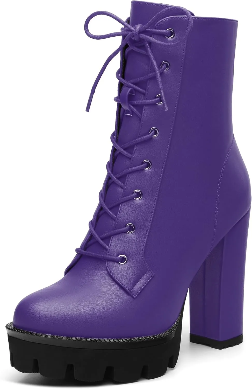 Womens Ankle Boots, High Chunky Heel Platform Ankle Booties for Women, Round Toe Lace-up Ankle Boots 4.5"