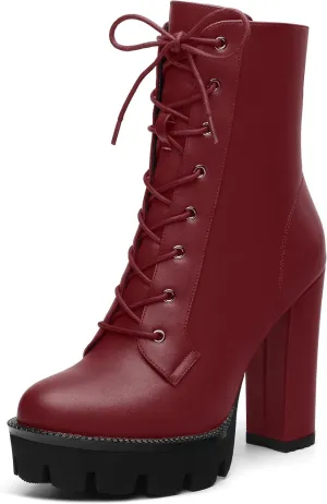 Womens Ankle Boots, High Chunky Heel Platform Ankle Booties for Women, Round Toe Lace-up Ankle Boots 4.5"
