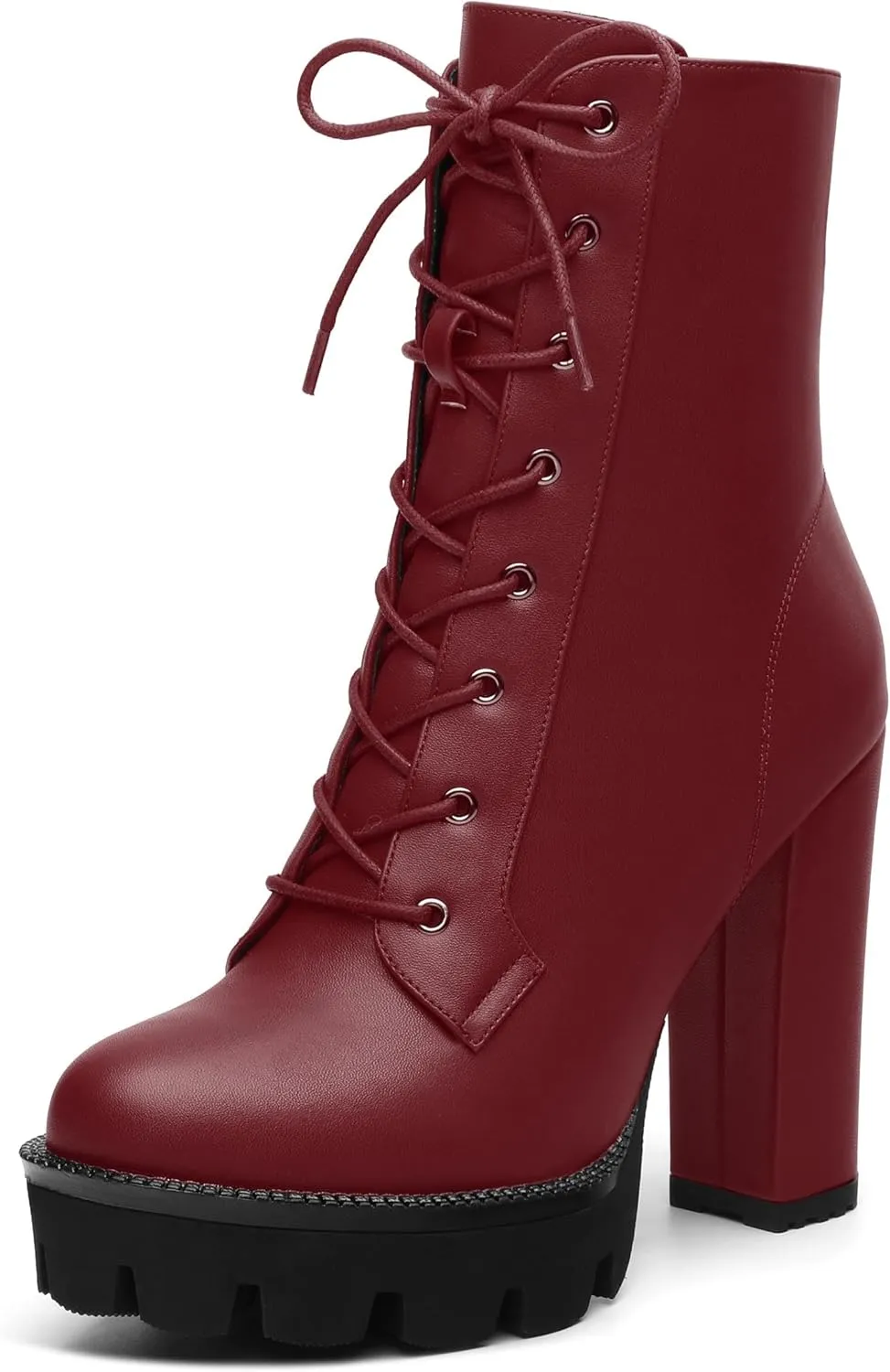 Womens Ankle Boots, High Chunky Heel Platform Ankle Booties for Women, Round Toe Lace-up Ankle Boots 4.5"