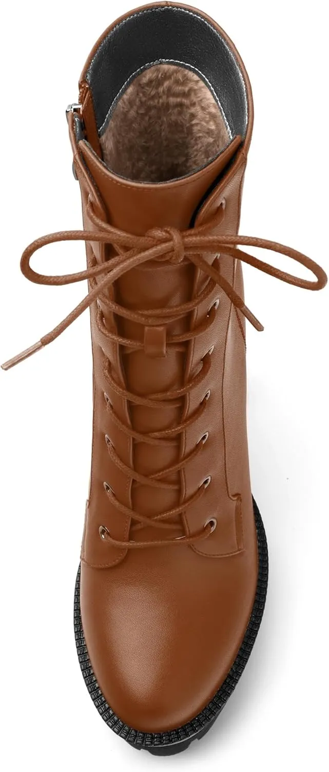 Womens Ankle Boots, High Chunky Heel Platform Ankle Booties for Women, Round Toe Lace-up Ankle Boots 4.5"