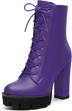 Womens Ankle Boots, High Chunky Heel Platform Ankle Booties for Women, Round Toe Lace-up Ankle Boots 4.5"