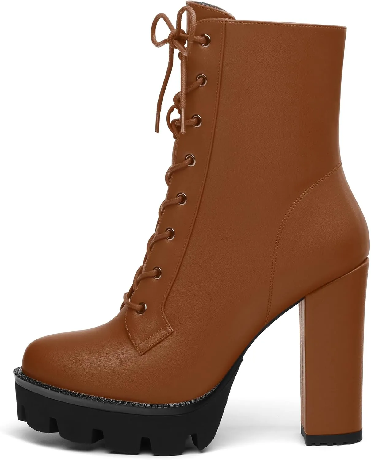 Womens Ankle Boots, High Chunky Heel Platform Ankle Booties for Women, Round Toe Lace-up Ankle Boots 4.5"