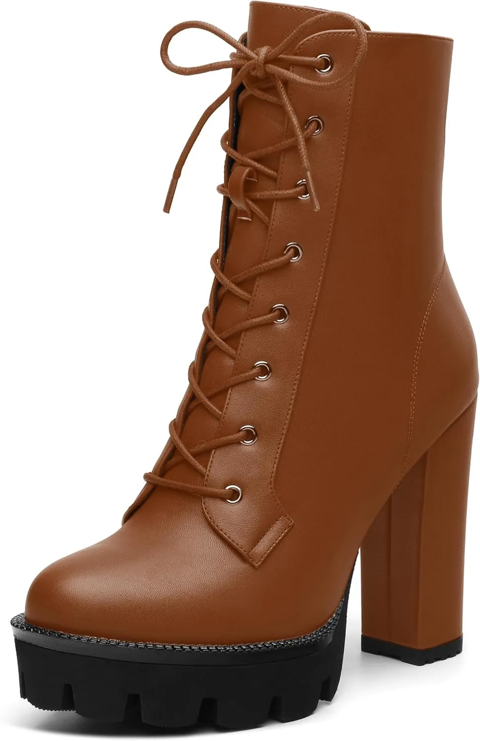 Womens Ankle Boots, High Chunky Heel Platform Ankle Booties for Women, Round Toe Lace-up Ankle Boots 4.5"