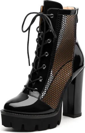 Womens Ankle Boots, Platform Chunky Heel Ankle Booties for Women, Sexy Mesh Sandal Booties with Back Zipper 4.5