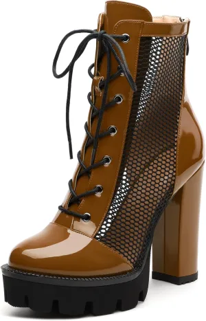 Womens Ankle Boots, Platform Chunky Heel Ankle Booties for Women, Sexy Mesh Sandal Booties with Back Zipper 4.5
