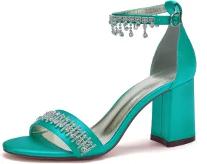 Women's Beaded Crystal Wedding Sandals for Bride Block Heels Satin Bridal Shoes Formal Evening Prom Party Shoes
