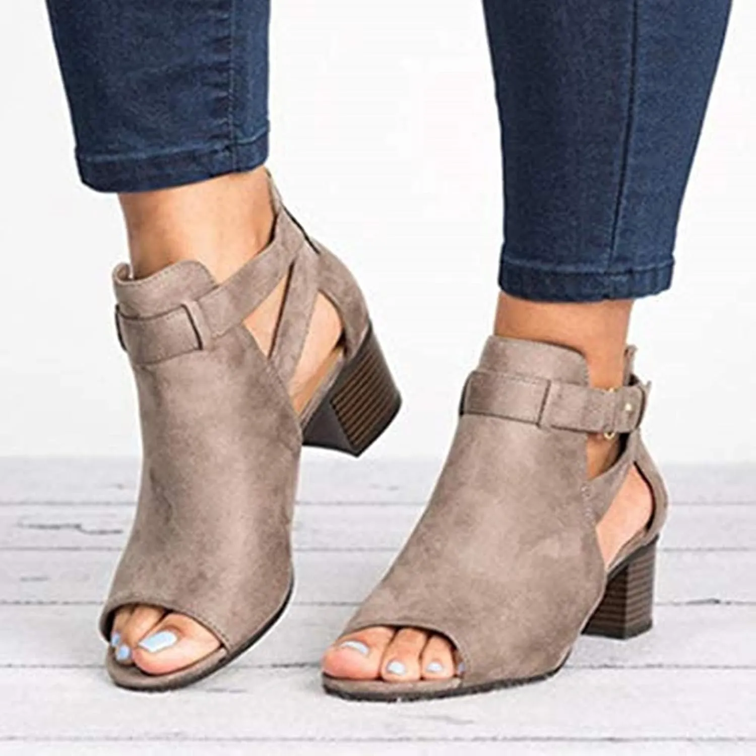 Women's Black Stacked Heeled Cutout Sandals Ankle Buckle Chunky Heel Open Toe Booties Summer Fashion Dress Block Heel Sandal