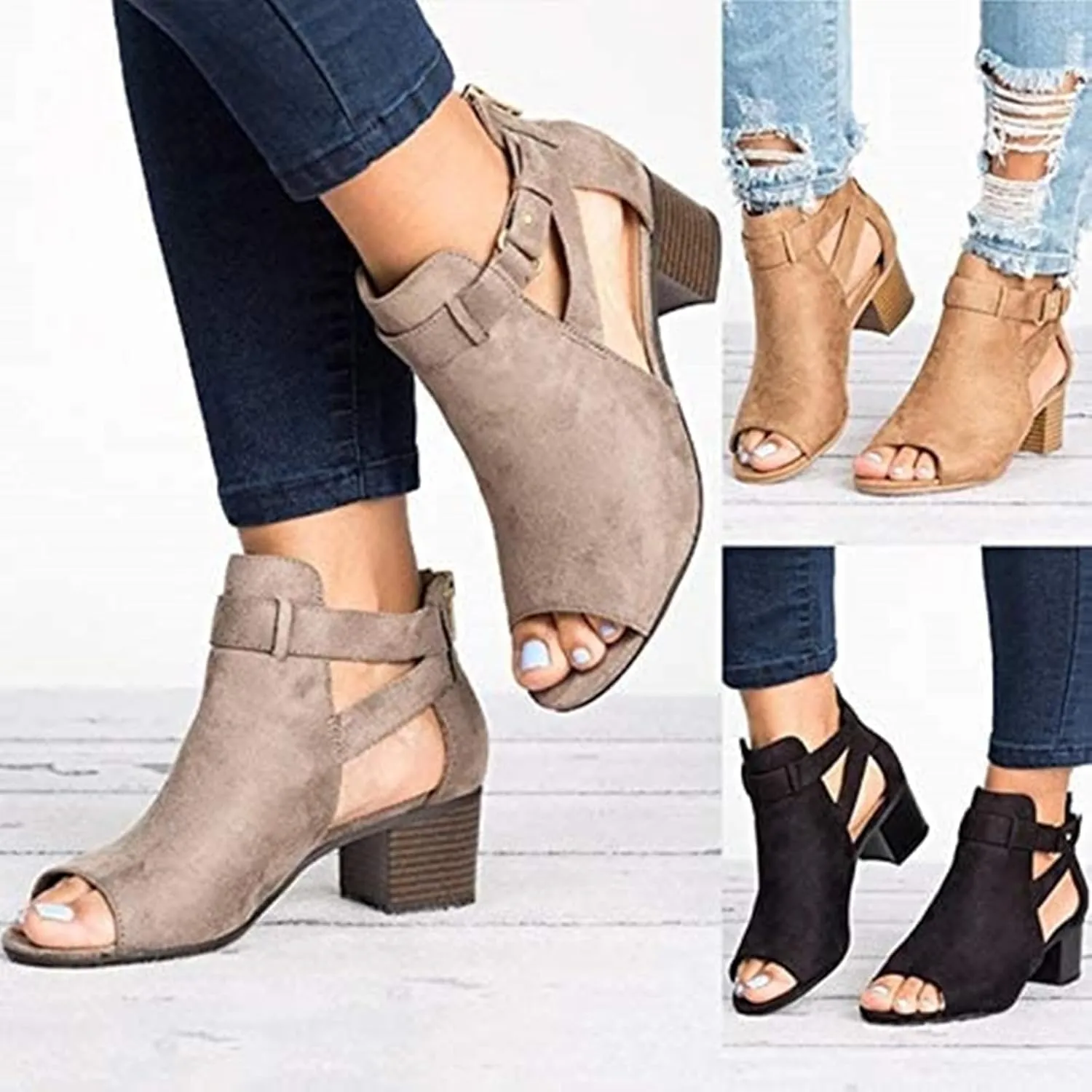 Women's Black Stacked Heeled Cutout Sandals Ankle Buckle Chunky Heel Open Toe Booties Summer Fashion Dress Block Heel Sandal