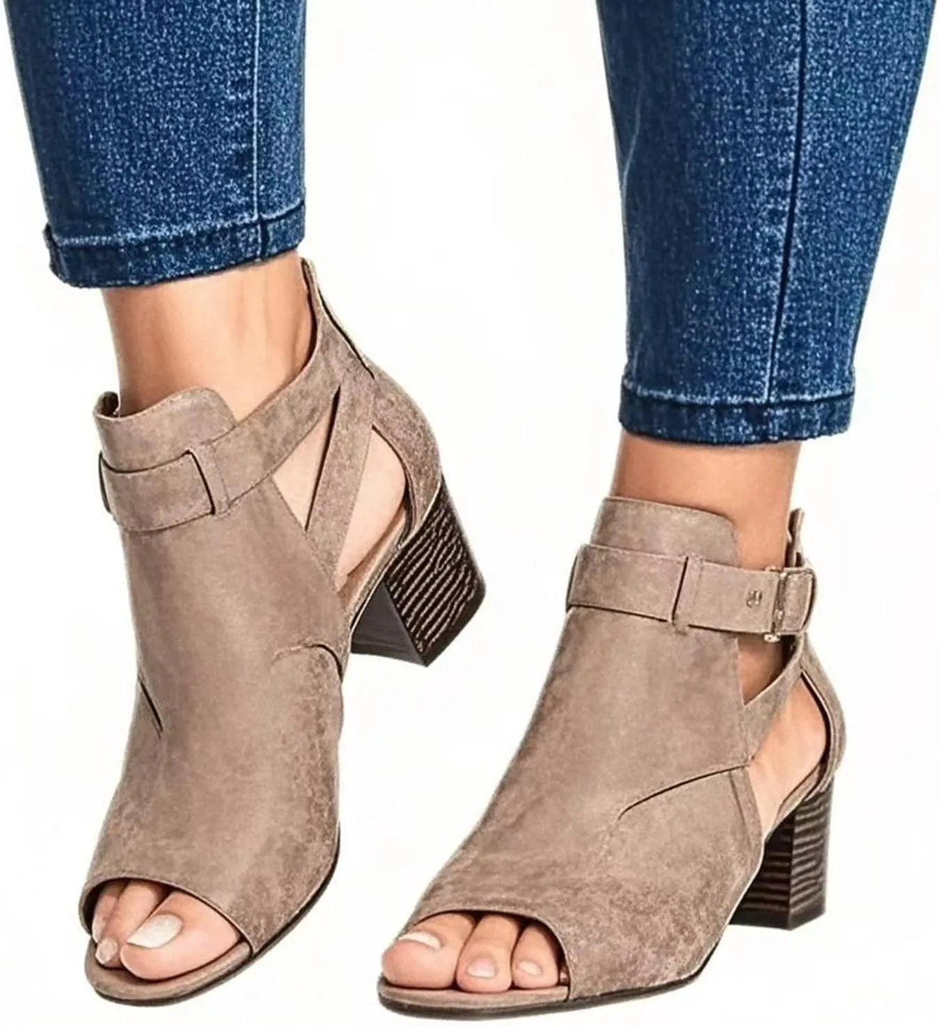 Women's Black Stacked Heeled Cutout Sandals Ankle Buckle Chunky Heel Open Toe Booties Summer Fashion Dress Block Heel Sandal