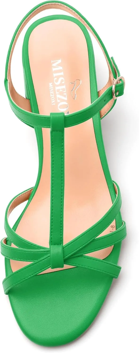 Womens Block Heel Sandals, Open Toe Low Chunky Heel T-strap Sandals for Women, Ankle Strap Sandals with Buckle, Comfort Strappy Sandals 2"