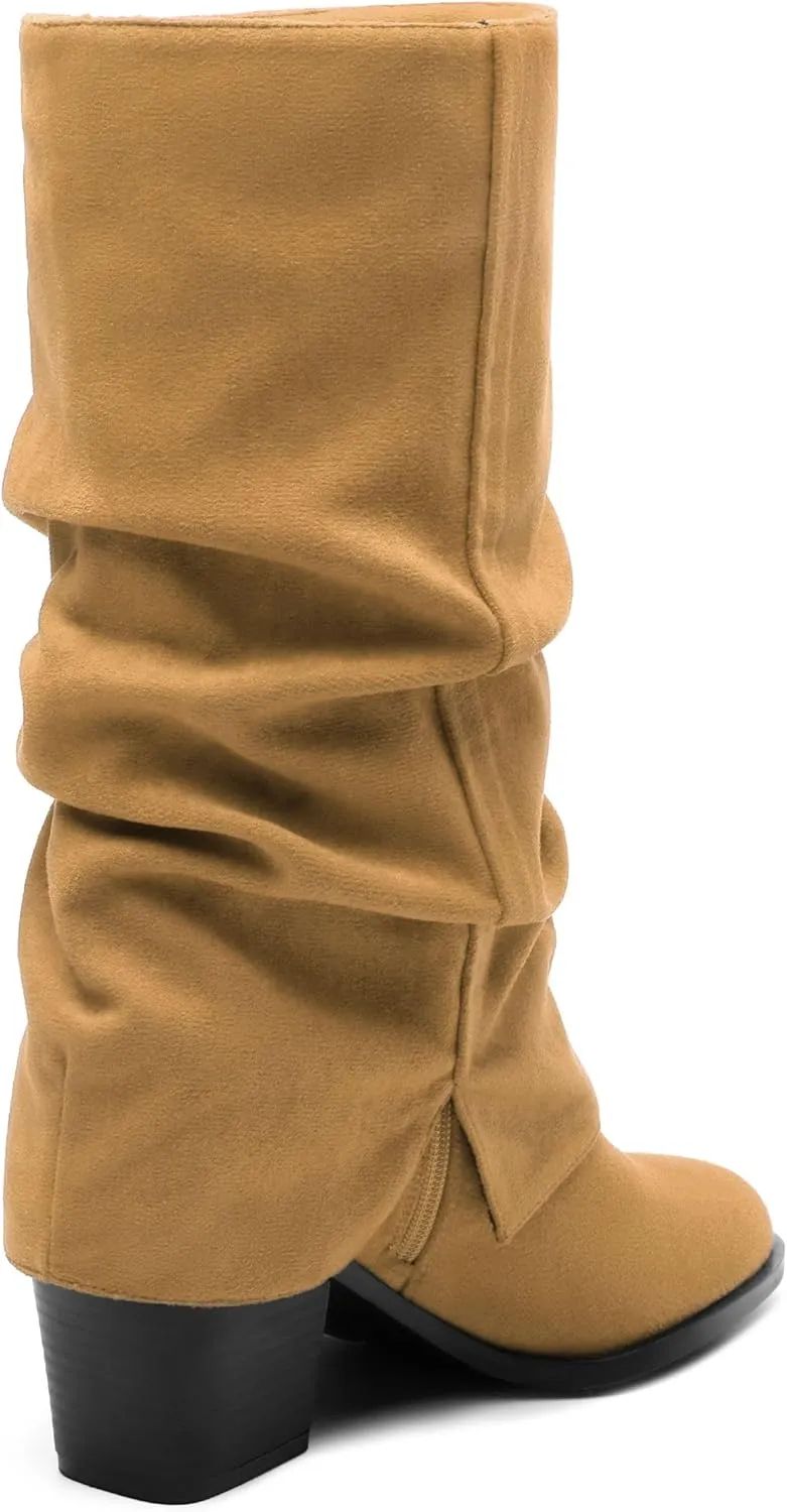 Womens Boots Mid Calf Slouchy Suede Pointed Toe Slip on Chunky Heel Short Boots Comfortable Casual Fall Winter Booties