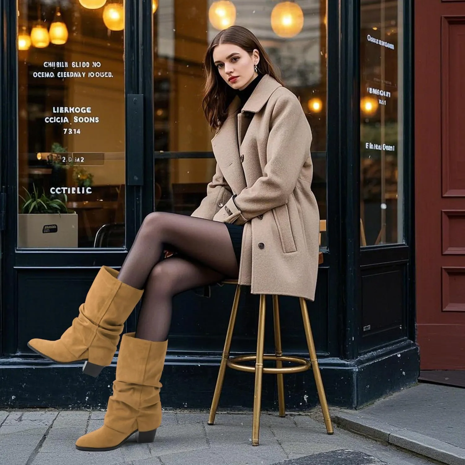 Womens Boots Mid Calf Slouchy Suede Pointed Toe Slip on Chunky Heel Short Boots Comfortable Casual Fall Winter Booties