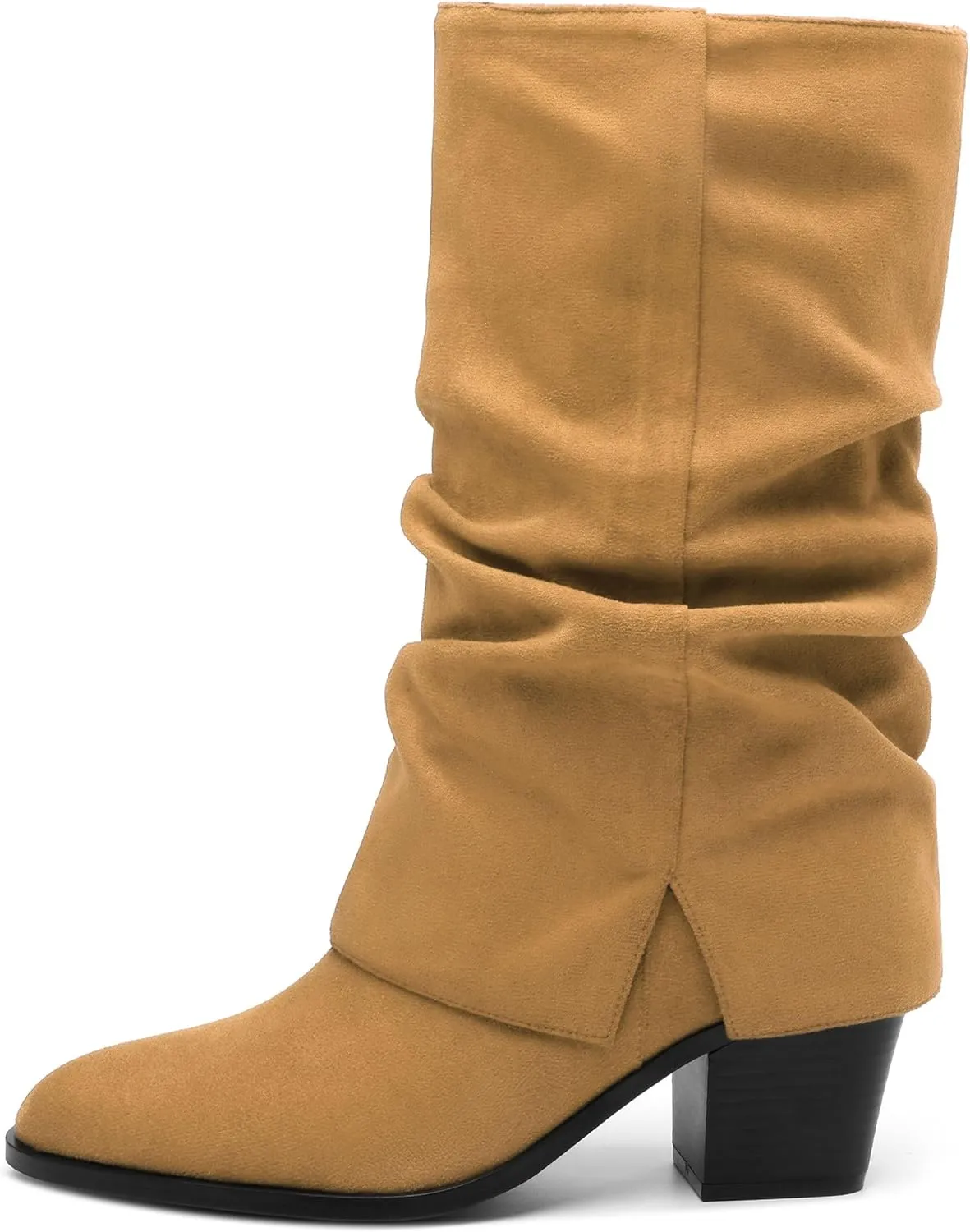 Womens Boots Mid Calf Slouchy Suede Pointed Toe Slip on Chunky Heel Short Boots Comfortable Casual Fall Winter Booties