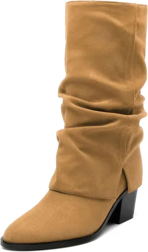 Womens Boots Mid Calf Slouchy Suede Pointed Toe Slip on Chunky Heel Short Boots Comfortable Casual Fall Winter Booties