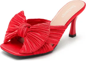 Women's Bow Knot Heeled Sandals Open Toe Low Kitten Heels Mules Sandals Slip On Pleated Wedding Bridal Party Dress Shoes