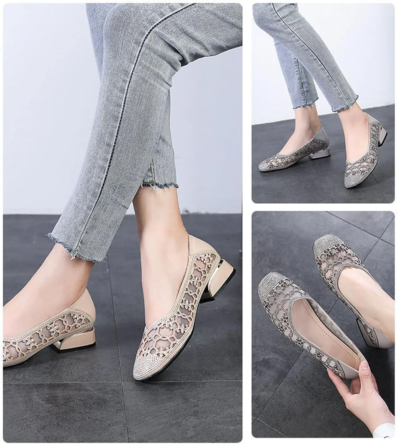 Women‘s Breathable Hollow Rhinestone Low Chunky Heel Pumps,Summer Closed Square Toe Backless for Wedding Work Evening Dress Shoes Soft Non-Slip Slip-On Classic Party Shoes with Glitter