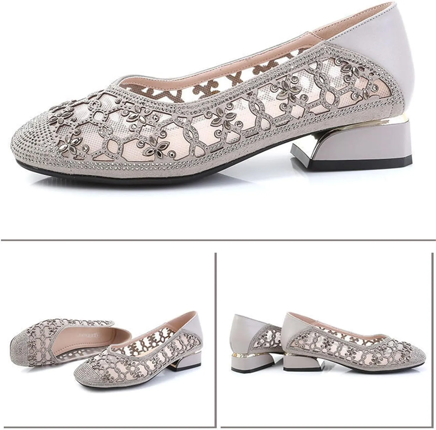 Women‘s Breathable Hollow Rhinestone Low Chunky Heel Pumps,Summer Closed Square Toe Backless for Wedding Work Evening Dress Shoes Soft Non-Slip Slip-On Classic Party Shoes with Glitter