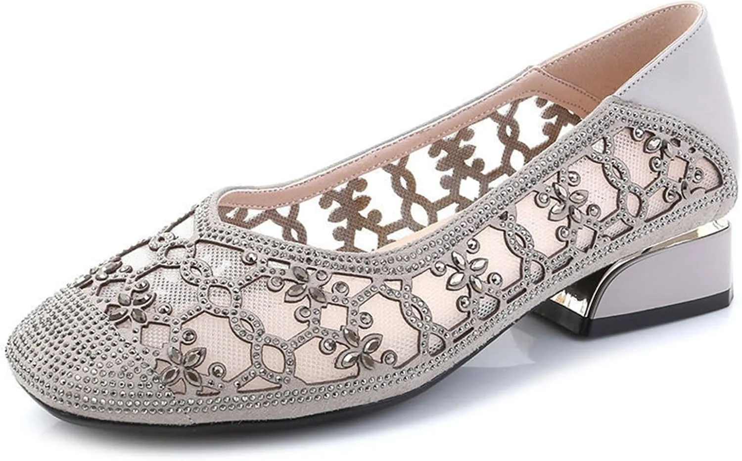 Women‘s Breathable Hollow Rhinestone Low Chunky Heel Pumps,Summer Closed Square Toe Backless for Wedding Work Evening Dress Shoes Soft Non-Slip Slip-On Classic Party Shoes with Glitter
