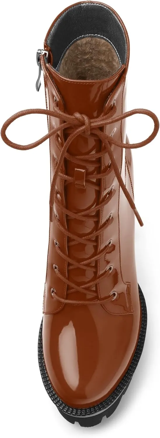 Women's Brown Solid Lace-Up Chunky Platform Ankle Boots, Round Toe, 4.5" Heel, Bootie, Casual, All Seasons, Cosplay