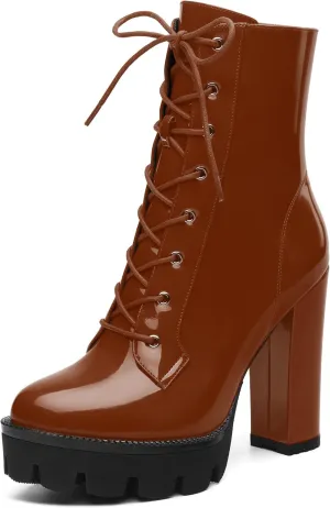 Women's Brown Solid Lace-Up Chunky Platform Ankle Boots, Round Toe, 4.5" Heel, Bootie, Casual, All Seasons, Cosplay