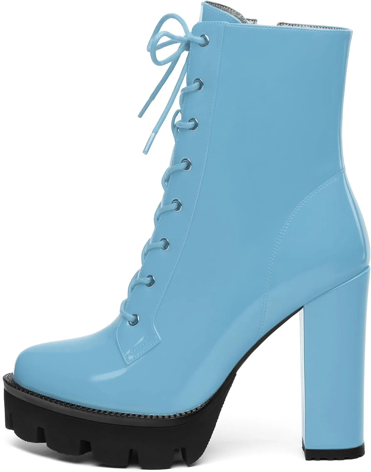 Women's Brown Solid Lace-Up Chunky Platform Ankle Boots, Round Toe, 4.5" Heel, Bootie, Casual, All Seasons, Cosplay